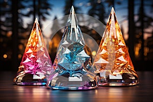 Colourful Christmas backdrop. Stylized multi-colored glass spruces. Desing for web, print