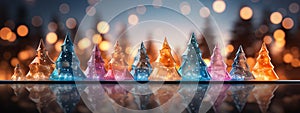 Colourful Christmas backdrop. Stylized multi-colored glass spruces. Desing for web, print. Banner