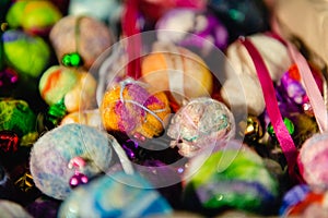 Colourful Christmas baubles. Felted wool, ribbons and jingle bells.