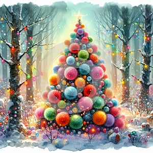 A colourful Christmas tree made of colourful shiny fluffy pompoms