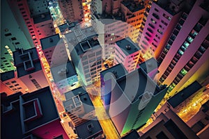 A colourful cityscape was taken from a rooftop with a unique perspective