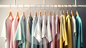 Colourful clothes on clothing rack. Rainbow color clothes choice on hangers, home wardrobe concept. Generative AI