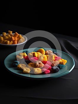 A colourful collar of 3D printed savoury snacks arranged on a plate just waiting to be devoured.. AI generation
