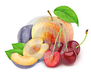 Colourful composition with red apple, plum and cherry isolated on a white background with clipping path