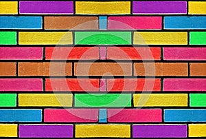 Colourful concrete brick wall pattern background with bright paibnted colours. Abstract multicolour rainbow blocks pattern