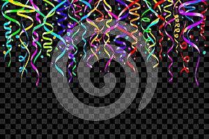 Colourful confetti on a black background. Celebration template ribbons. Vector illustration