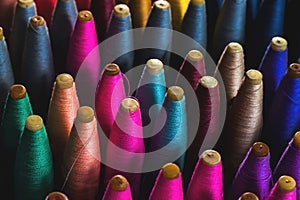 Colourful cotton yarn on spool, multi-coloured spools for use in loom for weaving in Thailand