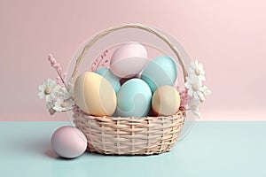 Colourful decoration with easter eggs and flowers in a basket