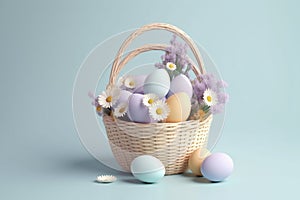 Colourful decoration with easter eggs and flowers in a basket