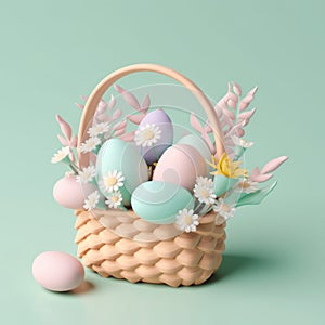 Colourful decoration with easter eggs and flowers in a basket