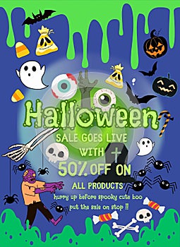 Halloween creative sale banner flat vector illustration