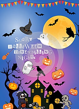 Ghostly halloween greetings glimmers in colourful faded background reflecting magical festive vibes