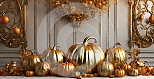 Colourful Display Of Pumpkins and Leaves Wooden Background ,Generative AI