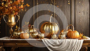 Colourful Display Of Pumpkins and Leaves Wooden Background ,Generative AI