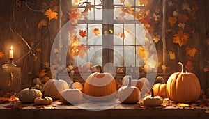 Colourful Display Of Pumpkins and Leaves Wooden Background ,Generative AI