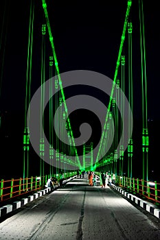 Colourful Dobra Chanti hanging bridge over Tehri Lake. Night view of Dobra-Chanti bridge. The 725-metre long Dobra Chanti