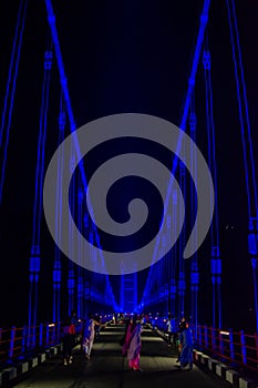 Colourful Dobra Chanti hanging bridge over Tehri Lake. Night view of Dobra-Chanti bridge. The 725-metre long Dobra Chanti