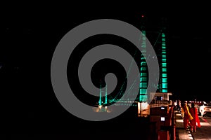 Colourful Dobra Chanti hanging bridge over Tehri Lake. Night view of Dobra-Chanti bridge. The 725-metre long Dobra Chanti