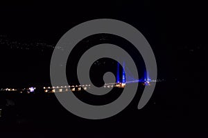 Colourful Dobra Chanti hanging bridge over Tehri Lake. Night view of Dobra-Chanti bridge. The 725-metre long Dobra Chanti
