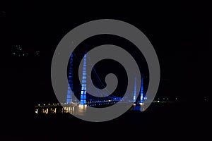 Colourful Dobra Chanti hanging bridge over Tehri Lake. Night view of Dobra-Chanti bridge. The 725-metre long Dobra Chanti