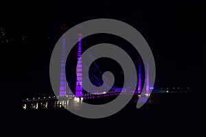 Colourful Dobra Chanti hanging bridge over Tehri Lake. Night view of Dobra-Chanti bridge. The 725-metre long Dobra Chanti