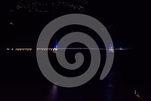 Colourful Dobra Chanti hanging bridge over Tehri Lake. Night view of Dobra-Chanti bridge. The 725-metre long Dobra Chanti