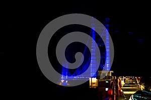 Colourful Dobra Chanti hanging bridge over Tehri Lake. Night view of Dobra-Chanti bridge. The 725-metre long Dobra Chanti