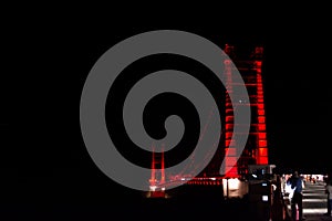 Colourful Dobra Chanti hanging bridge over Tehri Lake. Night view of Dobra-Chanti bridge. The 725-metre long Dobra Chanti