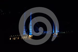 Colourful Dobra Chanti hanging bridge over Tehri Lake. Night view of Dobra-Chanti bridge. The 725-metre long Dobra Chanti