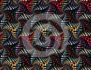 Multicolored dots and circles in a patchwork style. Wavy structure. Seamless vector pattern.