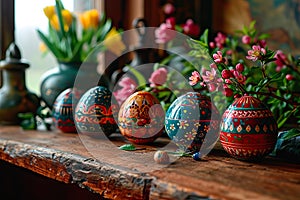 Colourful Easter eggs in cheerful warm colours, hand-painted.