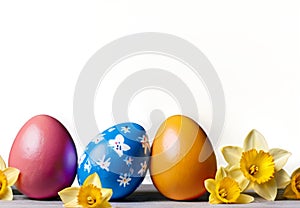 Colourful Easter Eggs and Daffodil on Transparent Background