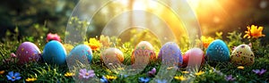 Colourful easter eggs in the green grass illuminated by sunlight at sunset. Easter decoration. Happy Easter banner. Generative AI