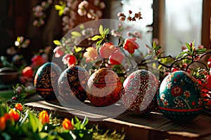 Colourful Easter eggs in the kitchen on the table, with a background of spring flowers.
