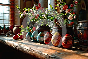 Colourful Easter eggs stand on a wooden table illuminated by the sun's rays.