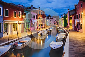 Colourful evening houses on Burano island, Venice