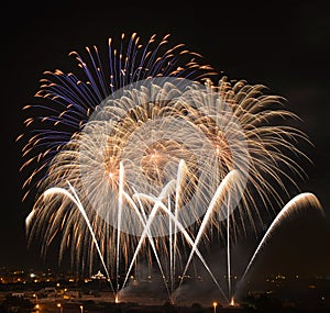 Colourful fireworks isolated in dark background close up with the place for text, Malta fireworks festival, 4 of July