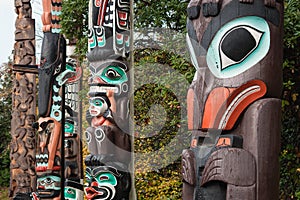 Colourful First Nations Totem Poles, Vancouver, BC, Canada