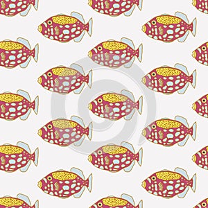 Colourful fishes on pale pink background, seamless pattern.