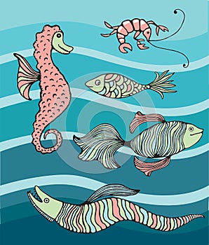 Colourful fishes and sea creatures