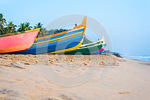 Colourful fishing boats (India) stay ashore