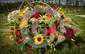 Colourful Flower Arrangement in a wicker basket