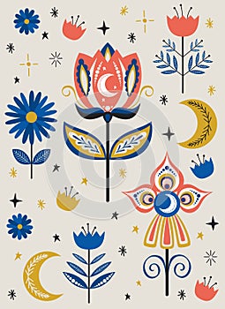 Colourful folk art flowers with moon motives