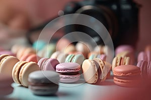 Colourful french macaron and SLR camera on pink background-Side view
