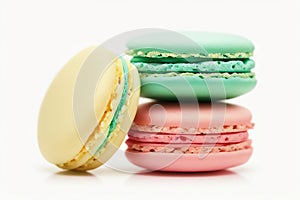 Colourful french macaroons or macaron on white, generative AI