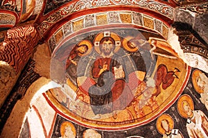Colourful frescoes in a rock church in Cappadocia, Turkey