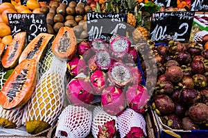 Colourful fresh fruit and vegetables on display in street market