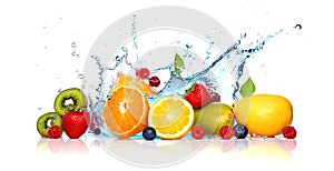 Colourful Fresh fruits splashing into blue clear water Generative AI Illustration