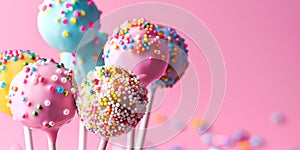 Colourful frosted cake pops with colourful sprinkles on vibrant pink background