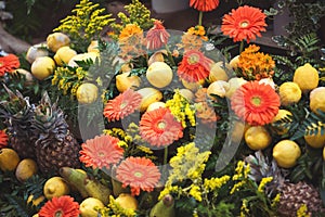 Colourful fruit and flowers. Composition of fruits, herbs and flowers